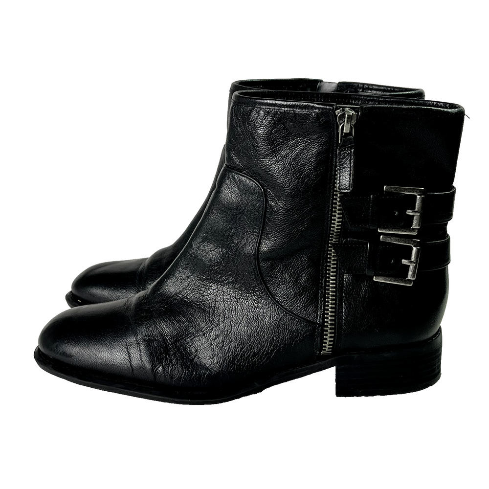 Nine West Boots Womens 9.5M Justthis Ankle Black Leather Buckle Strap Zip Boho